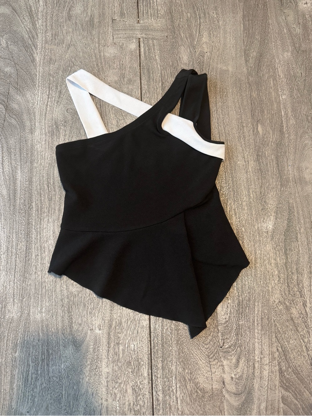 Commense Black One-Shoulder Peplum Top with White Strap - new, tag ripped off